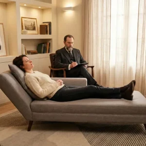 Mujer joven en una sesión de psicoanálisis moderno, recostada en un diván de diseño contemporáneo en un consultorio luminoso y elegante.