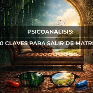 Diván psicoanalítico clásico frente a un fondo de código digital verde, símbolo del cruce entre inconsciente y sistema.