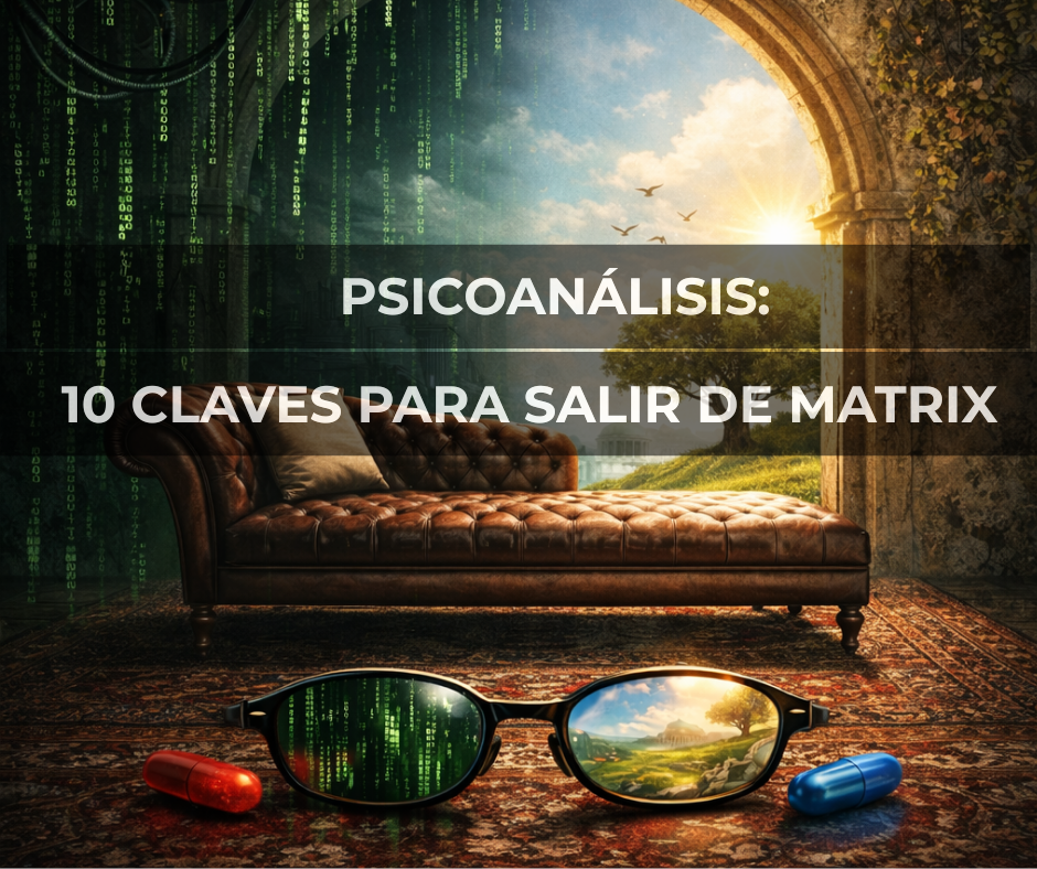 Diván psicoanalítico clásico frente a un fondo de código digital verde, símbolo del cruce entre inconsciente y sistema.