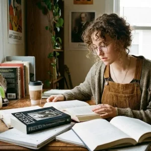 Joven estudiante de psicoanálisis concentrado leyendo textos teóricos en un ambiente de estudio moderno y tranquilo