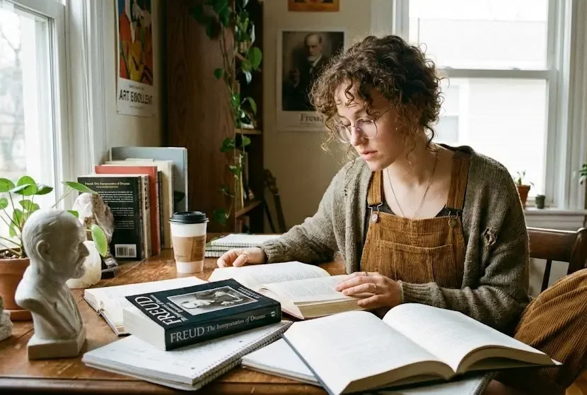 Joven estudiante de psicoanálisis concentrado leyendo textos teóricos en un ambiente de estudio moderno y tranquilo