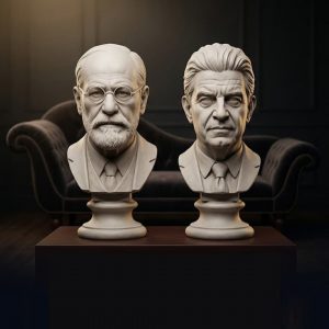 Bustos de yeso de Sigmund Freud y Jacques Lacan sobre un pedestal de madera oscura, con un diván de psicoanálisis clásico de fondo en una atmósfera de estudio elegante